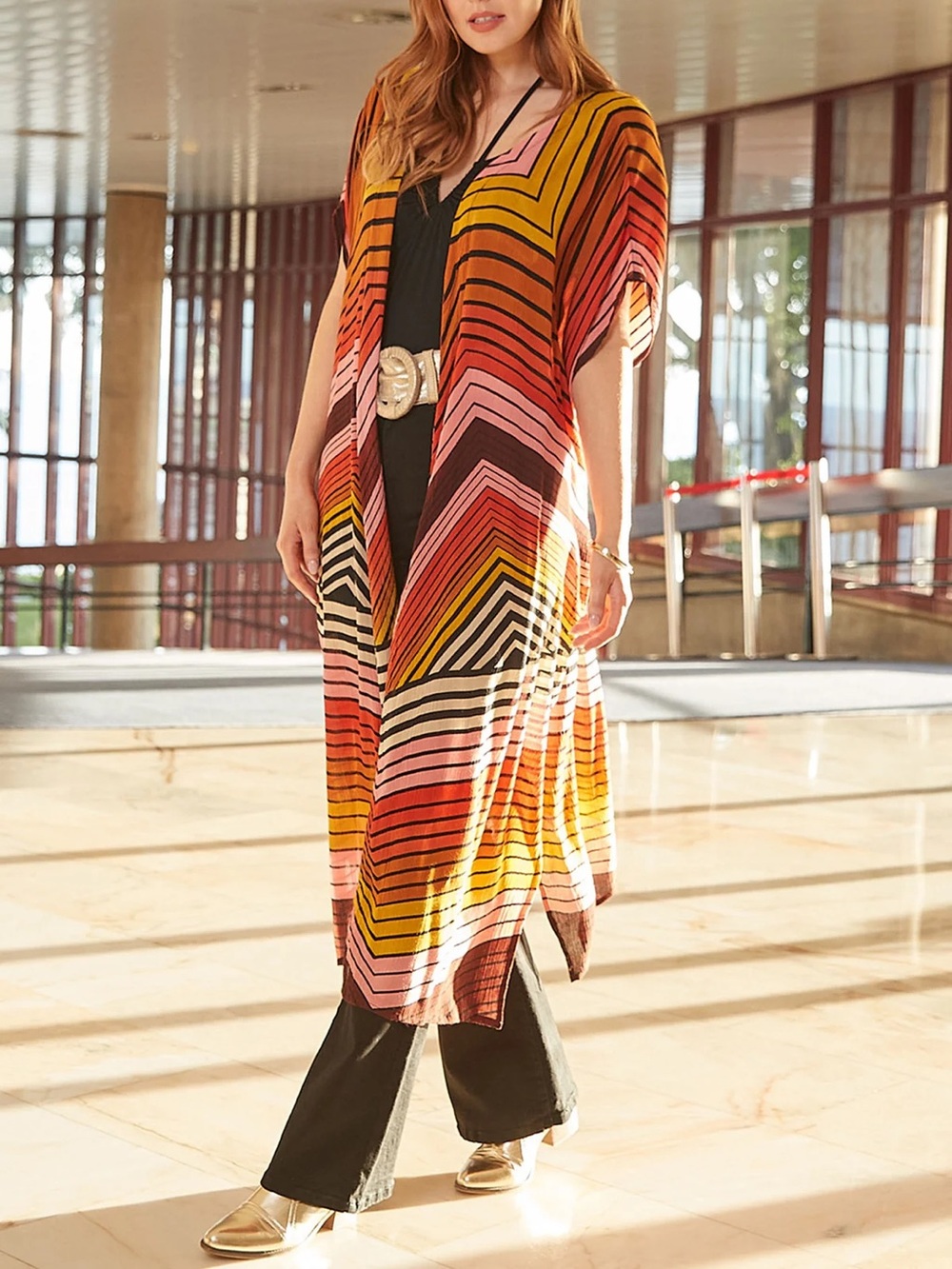 Billabong Orange Pink Red Striped V-Neck Midi Duster cardigan